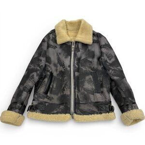Vintage B3 Shearling Sheepskin Aviator Bomber Jacket WWII Plane Print Men's L